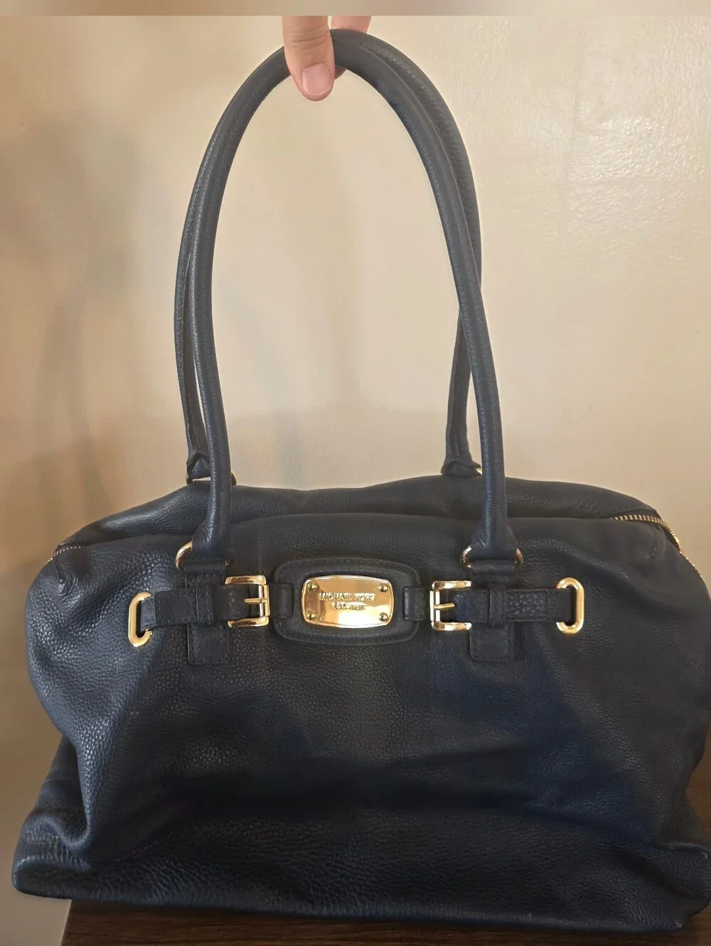 Michael Kors Navy Pebbled Leather Shoulder Tote with Gold Hardware